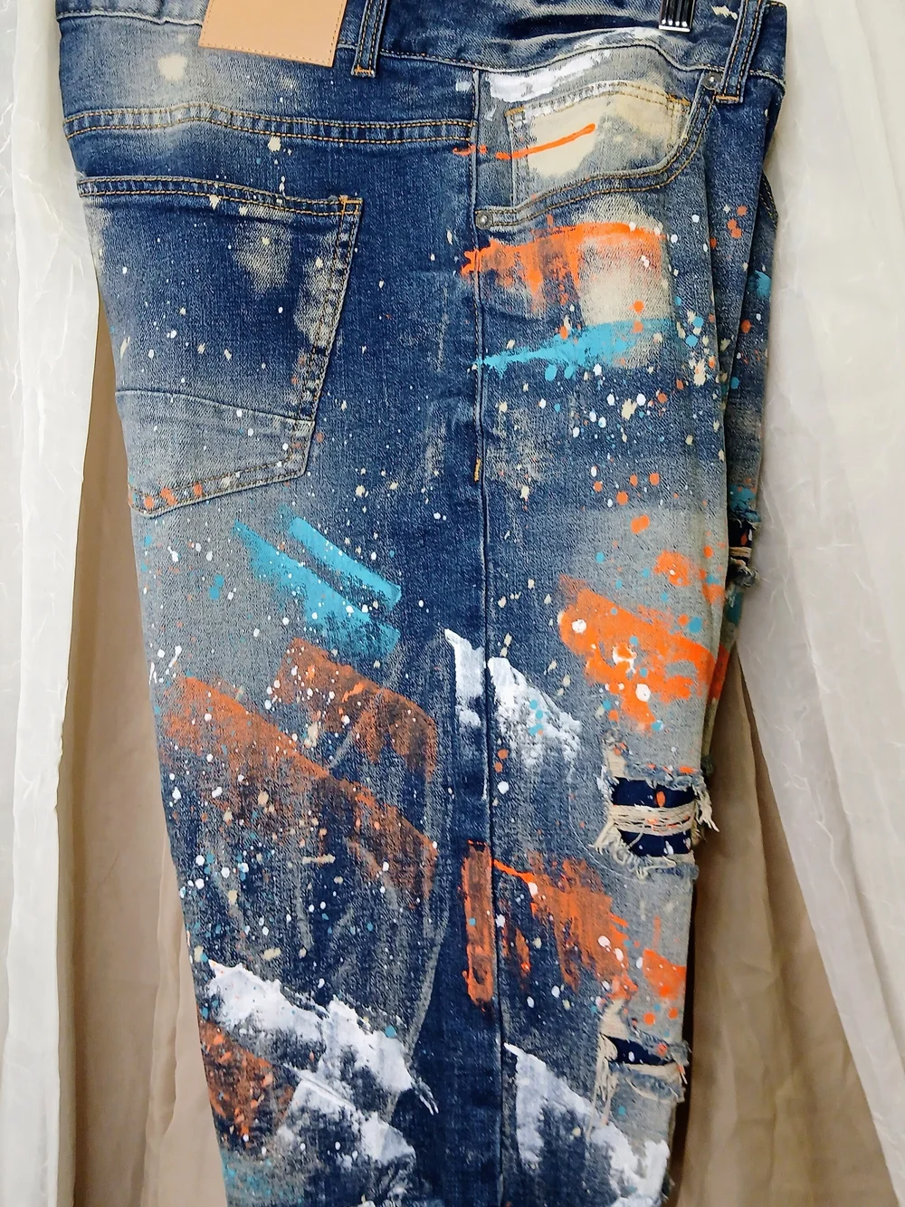 Slim Straight Men's Paint-Splatter Denim Jeans - Blue with Orange & Teal Accents
